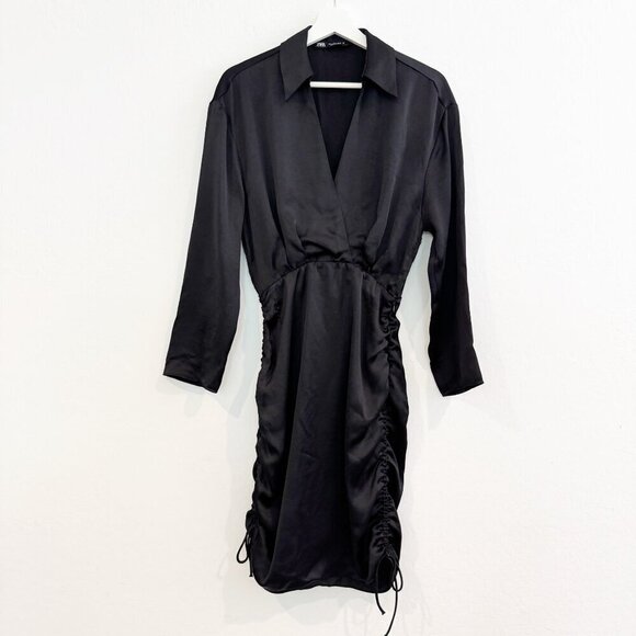Zara Satin Collared Ruched Side Tie Mini Slip Dress Party Cocktail Black Small - Picture 3 of 10